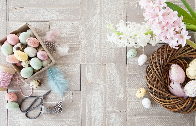 Easter decorations on a rustic wooden background